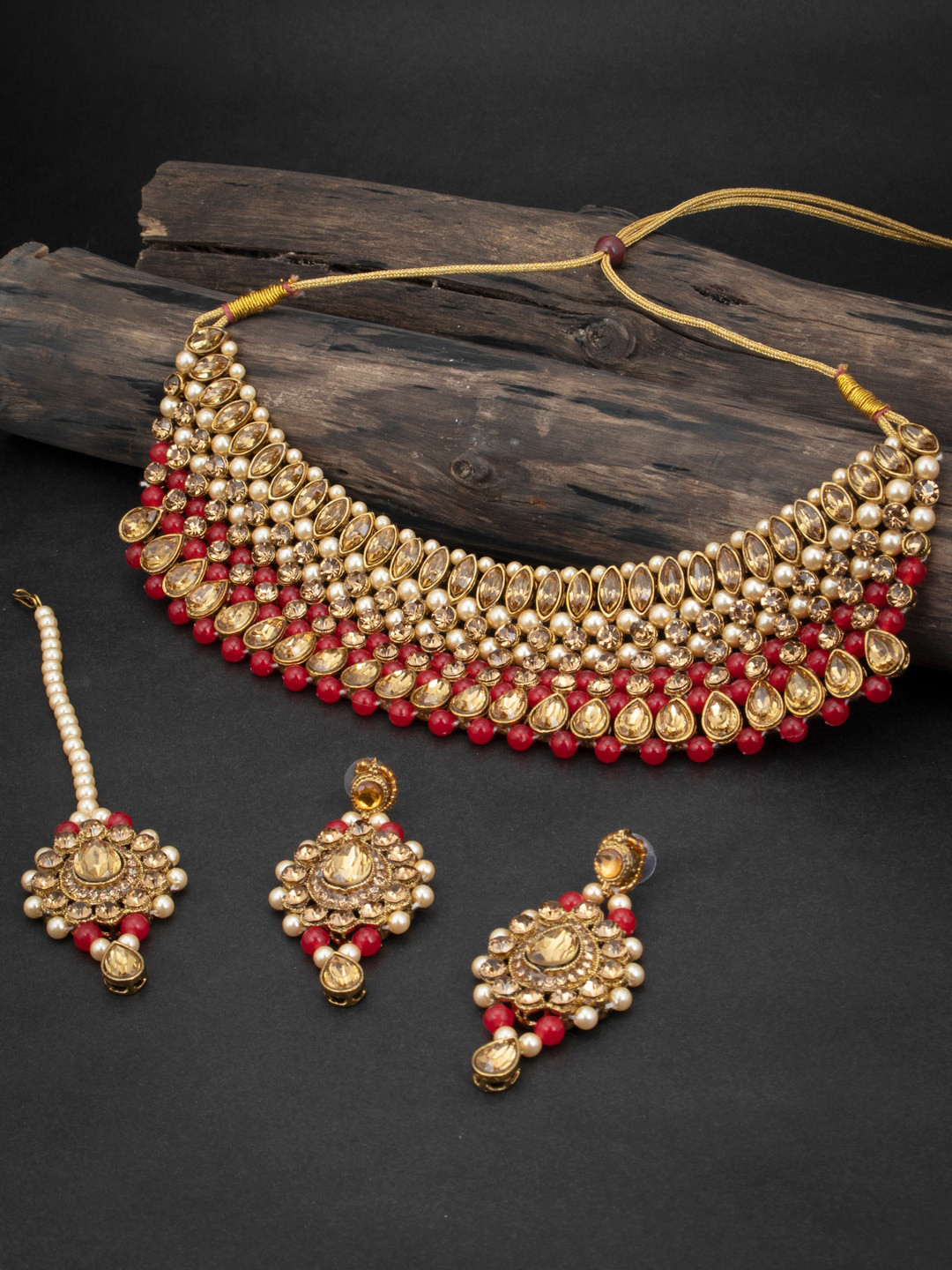 Sukkhi LCT Gold-Plated Red & Beige Stone-Studded & Beaded Sustainable Jewellery Set