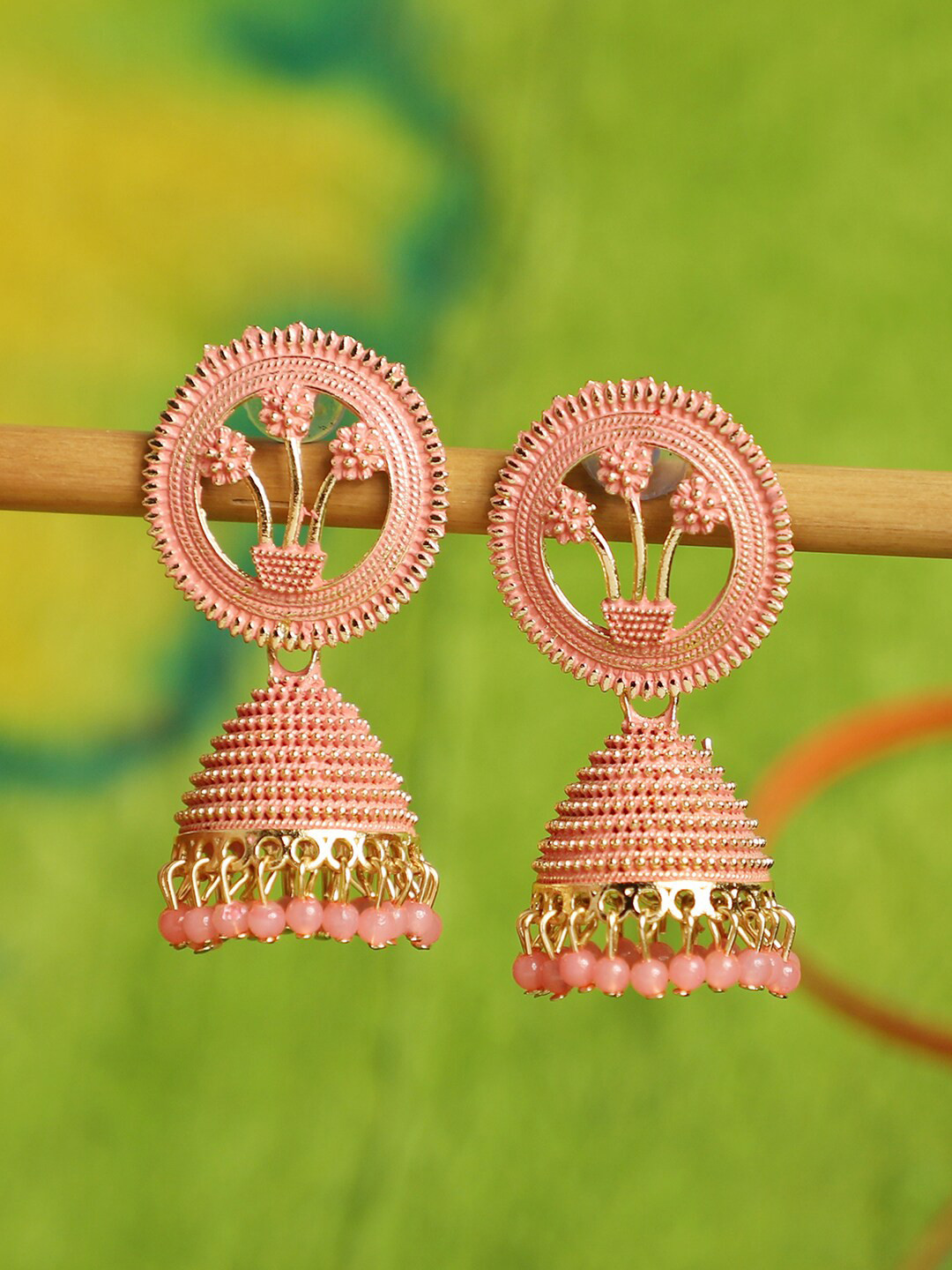 ANIKAS CREATION Peach-Coloured Circular Jhumkas