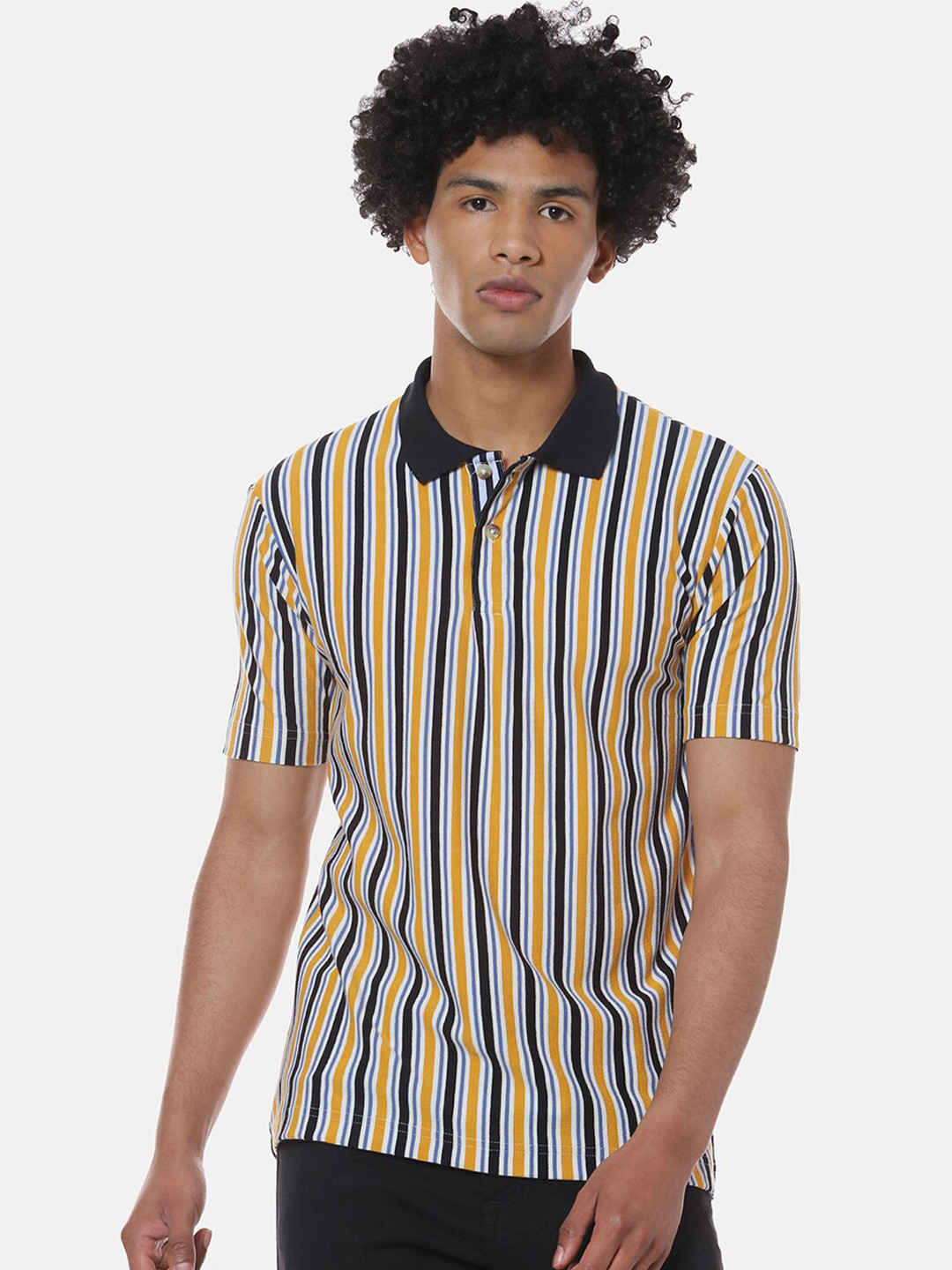 Campus Sutra Men Yellow Striped Polo Collar T-shirt