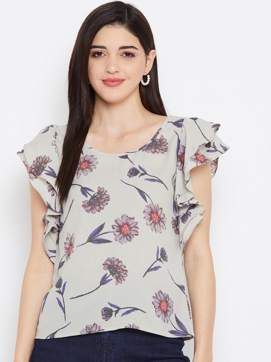 Purys Grey Floral Printed Flutter Sleeves Top
