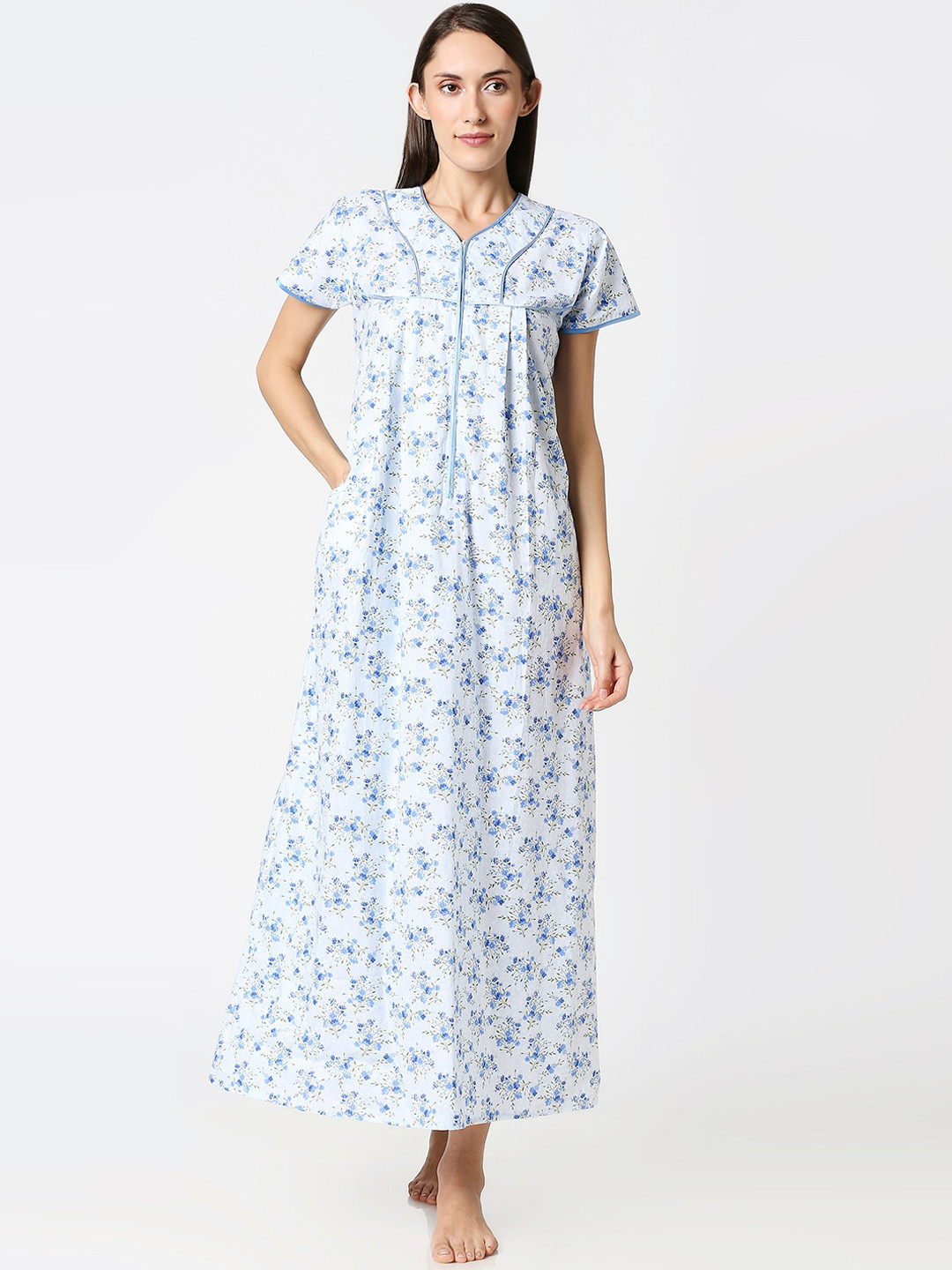 AV2 Blue & White Printed Maternity Nightdress