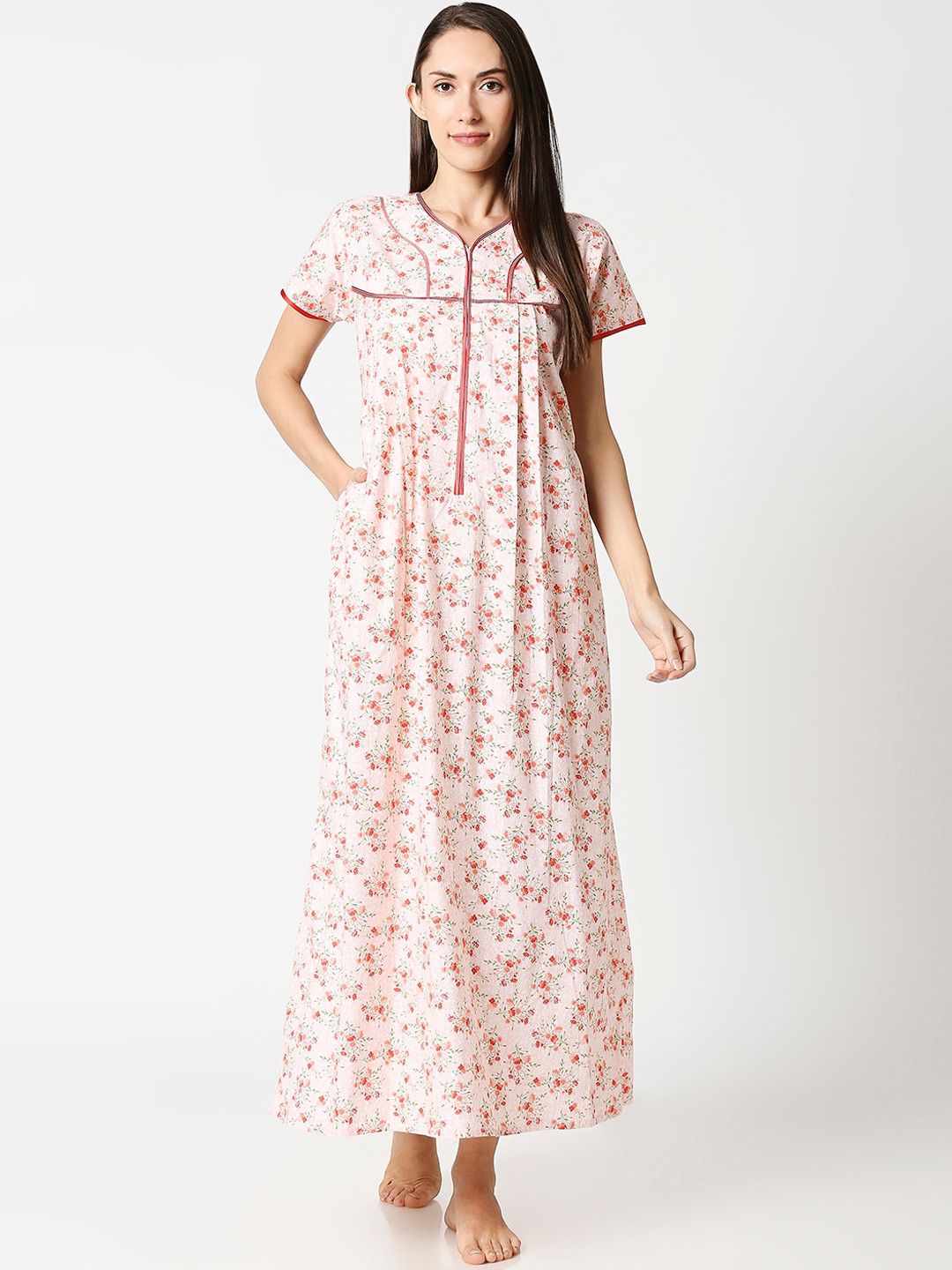 AV2 Peach-Coloured & Red Printed Cotton Maternity Nursing Nightdress