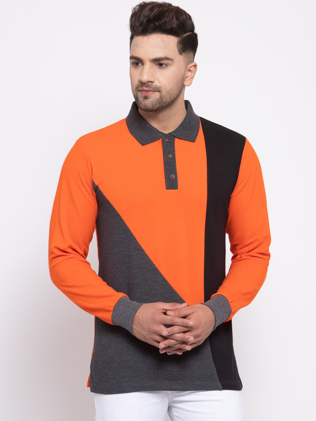 Kalt Men Grey & Orange Colourblocked Polo Collar T-shirt