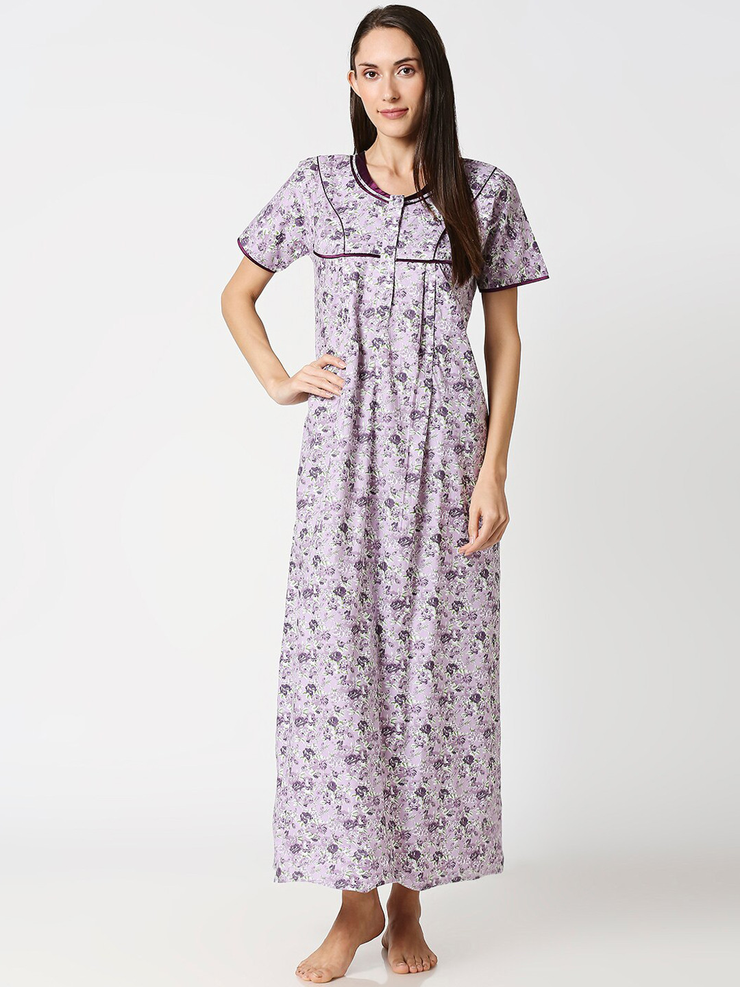 AV2 Purple Printed Maternity Nursing Nighty