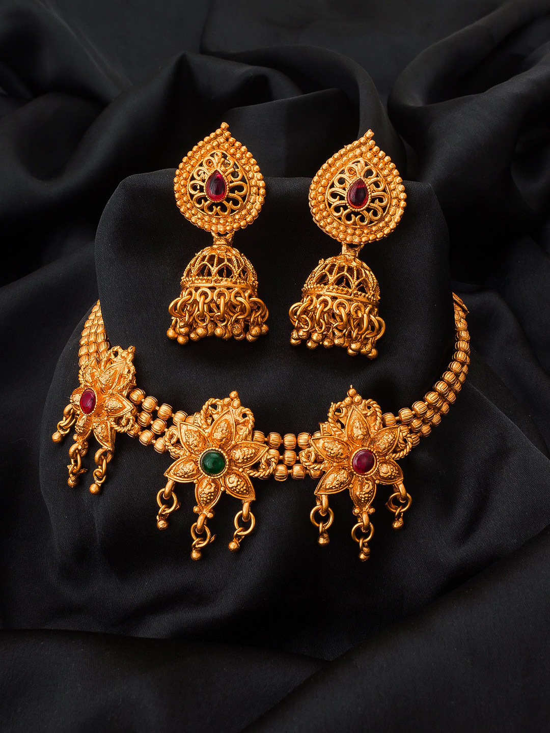 aadita Gold-Plated Pink & Green Stone-Studded Jewellery Set