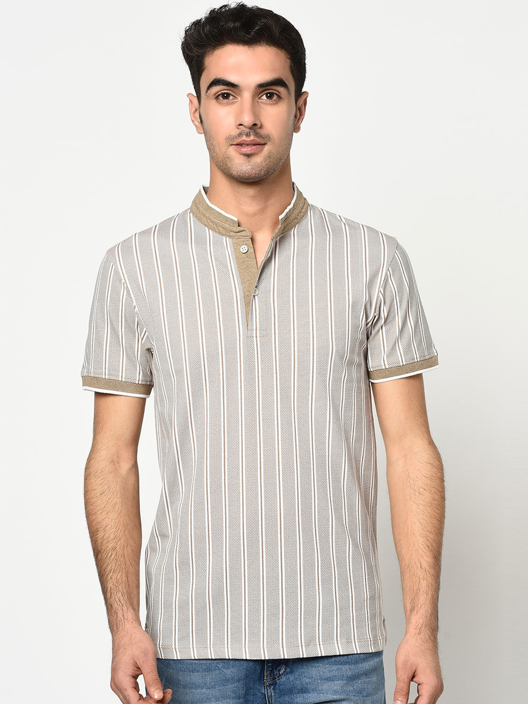 Octave Men Brown Striped Mandarin Collar T-shirt