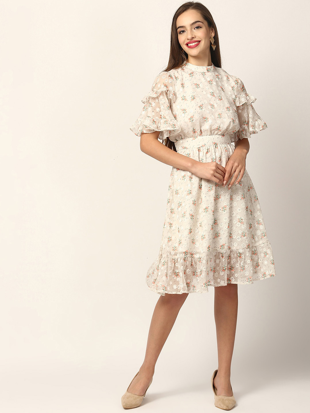 ELLE Women Off-White Printed Fit and Flare Dress