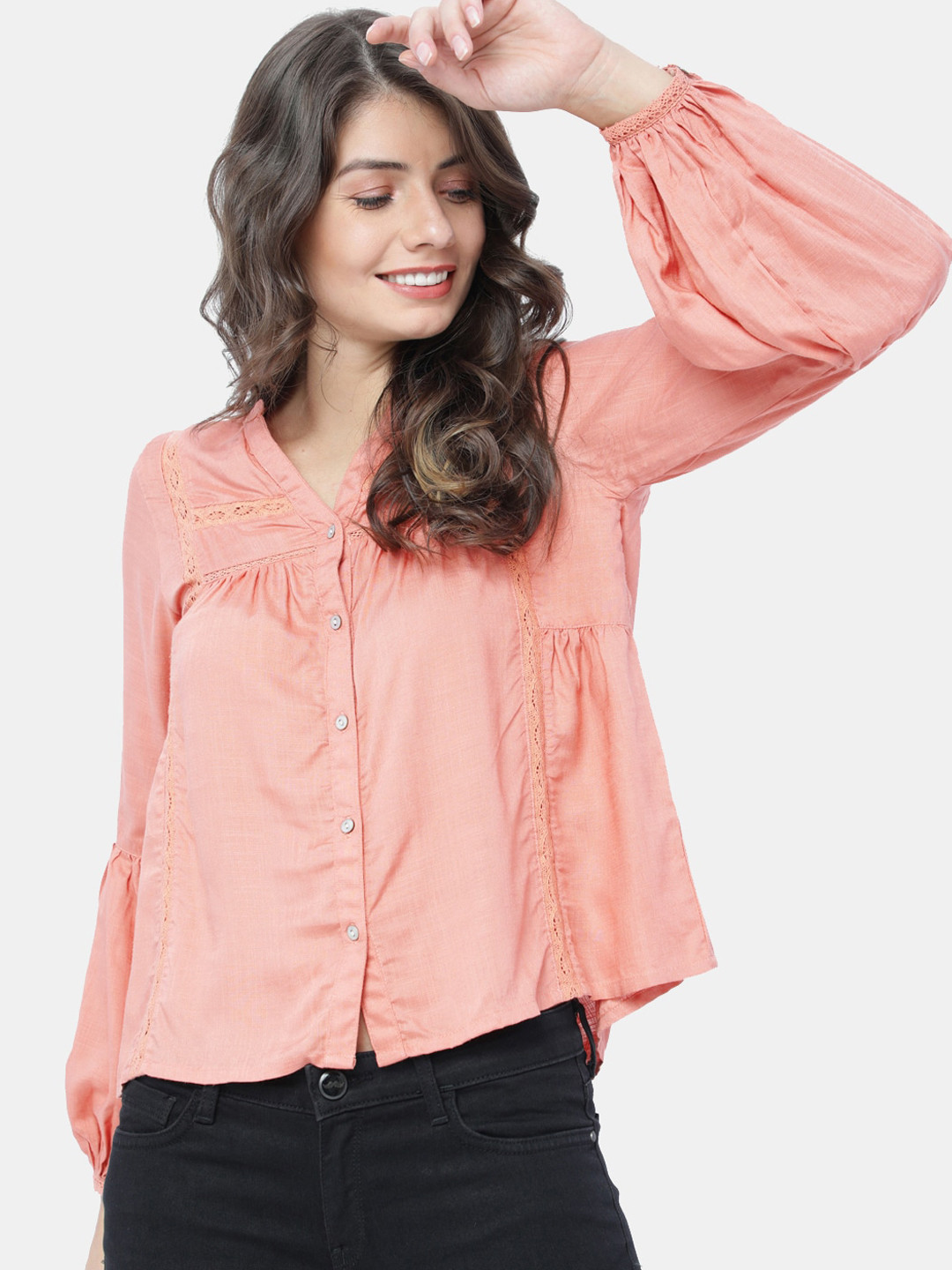 Tokyo talkies Peach-Coloured Mandarin Collar Shirt Style Top
