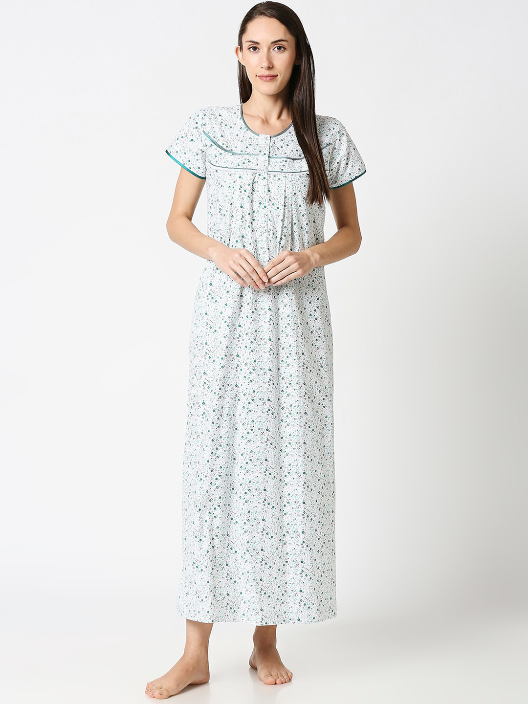 AV2 White & Green Printed Maternity Nightdress