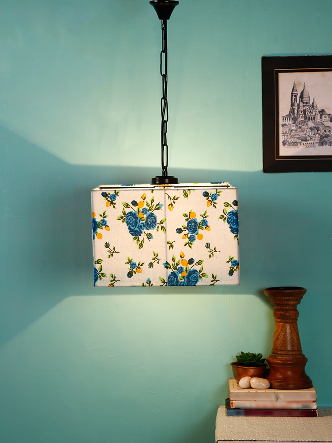 Devansh White & Blue Printed Square Hanging Light