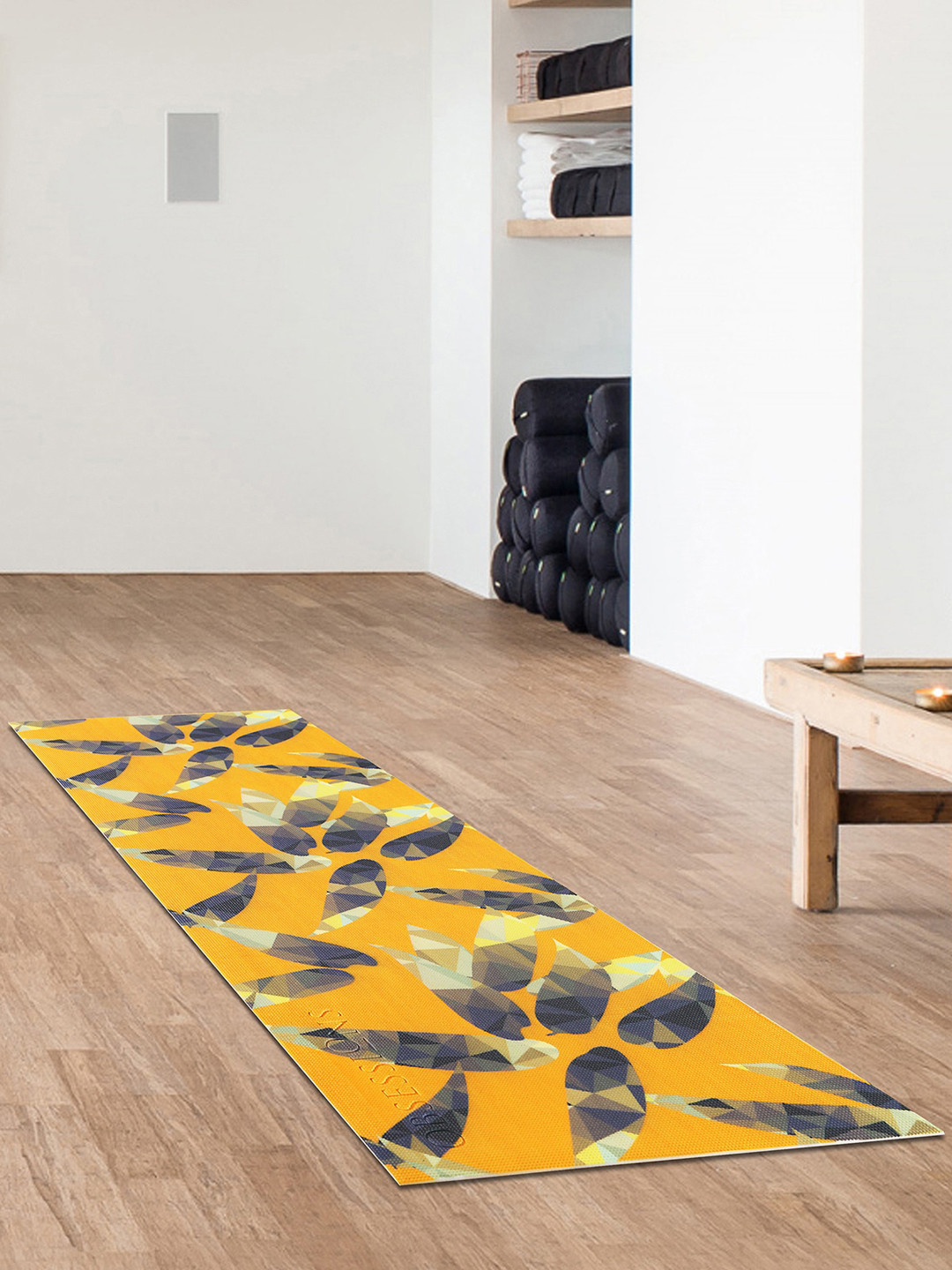 OBSESSIONS Mustard-Yellow & Navy Blue Printed Anti-Skid Reversible Yoga Mat