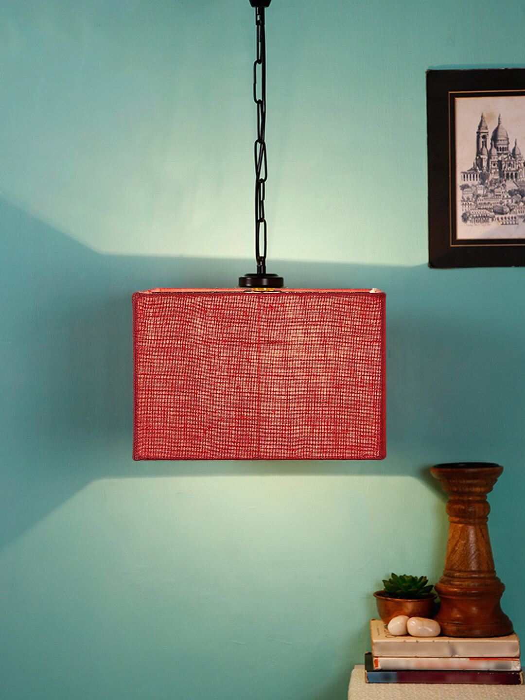 Devansh Pink & Black Solid Jute Square Hanging Light