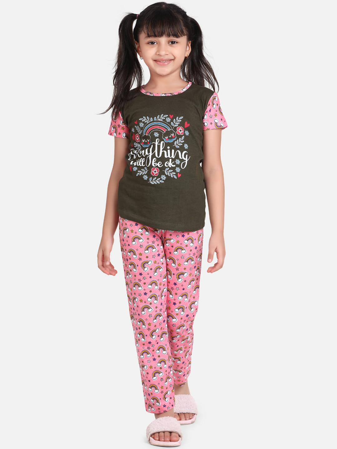 StyleStone Girls Pink & Olive Green Printed Cotton Night Suit