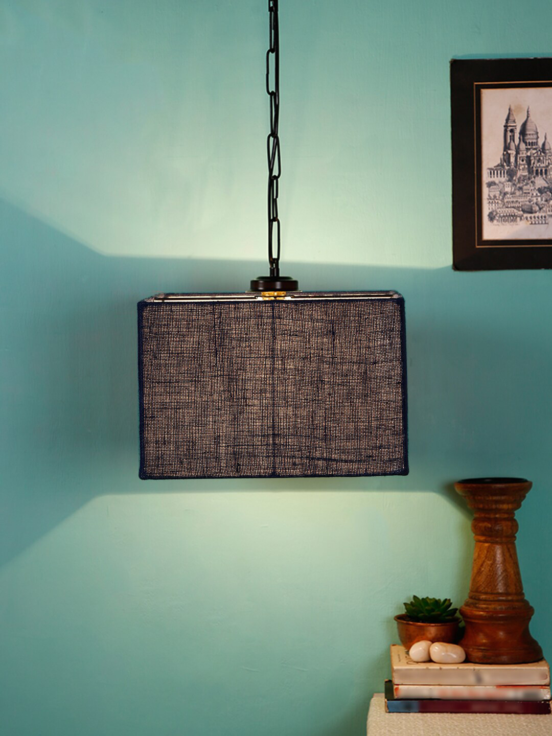 Devansh Blue Solid Jute Square Hanging Light