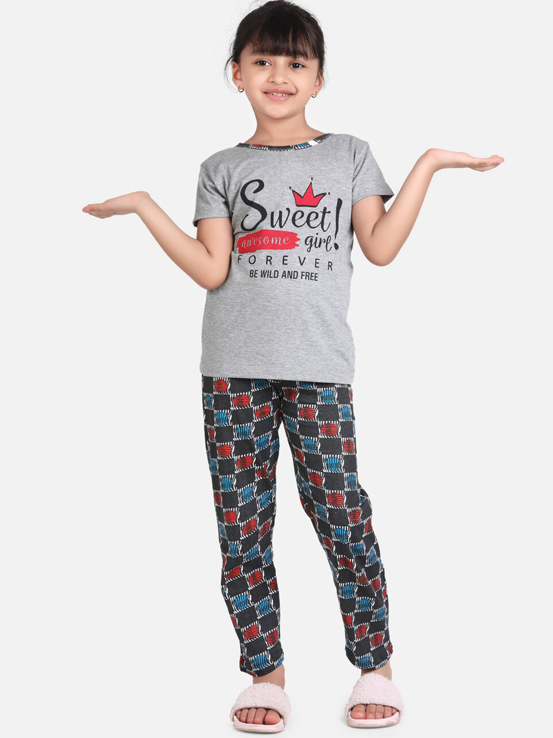 StyleStone Girls Grey & Red Printed Night Suit Set