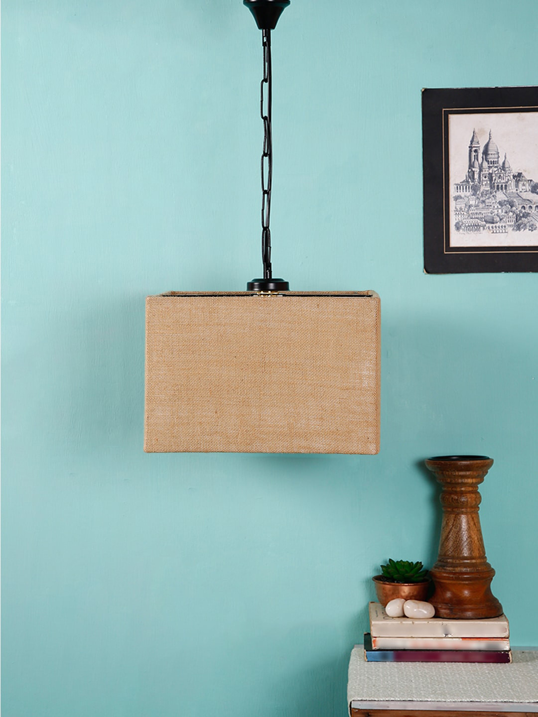 Devansh Beige & Black Solid Jute Square Hanging Light