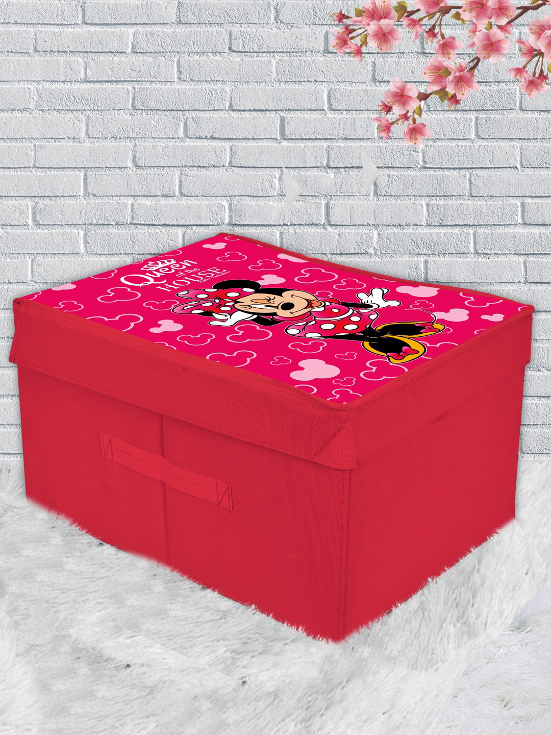 Kuber Industries Fuchsia Pink & Black Disney Minnie Print Foldable Storage Organizer Box With Lid & Handles