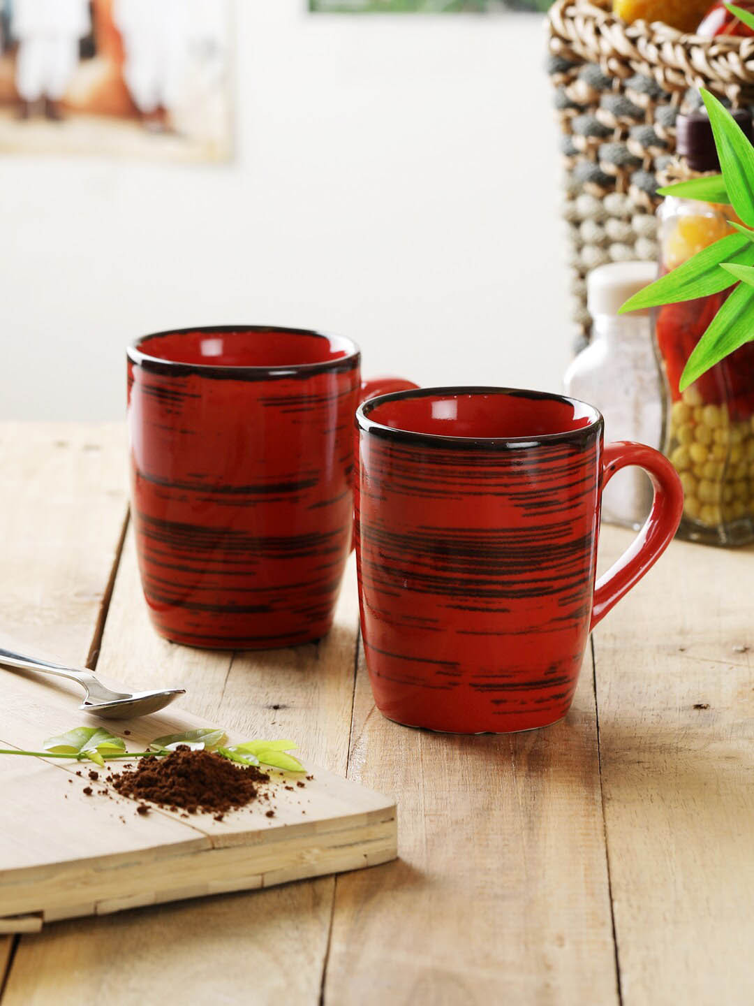 MIAH Decor Blooming Paradise Classic Red Textured Stoneware Handmade 4 Piece Mugs-200ml
