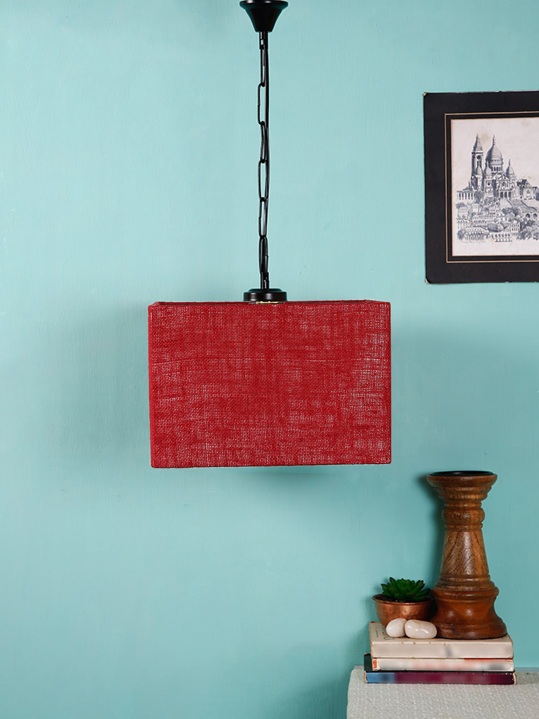 Devansh Pink & Black Solid Jute Square Hanging Light