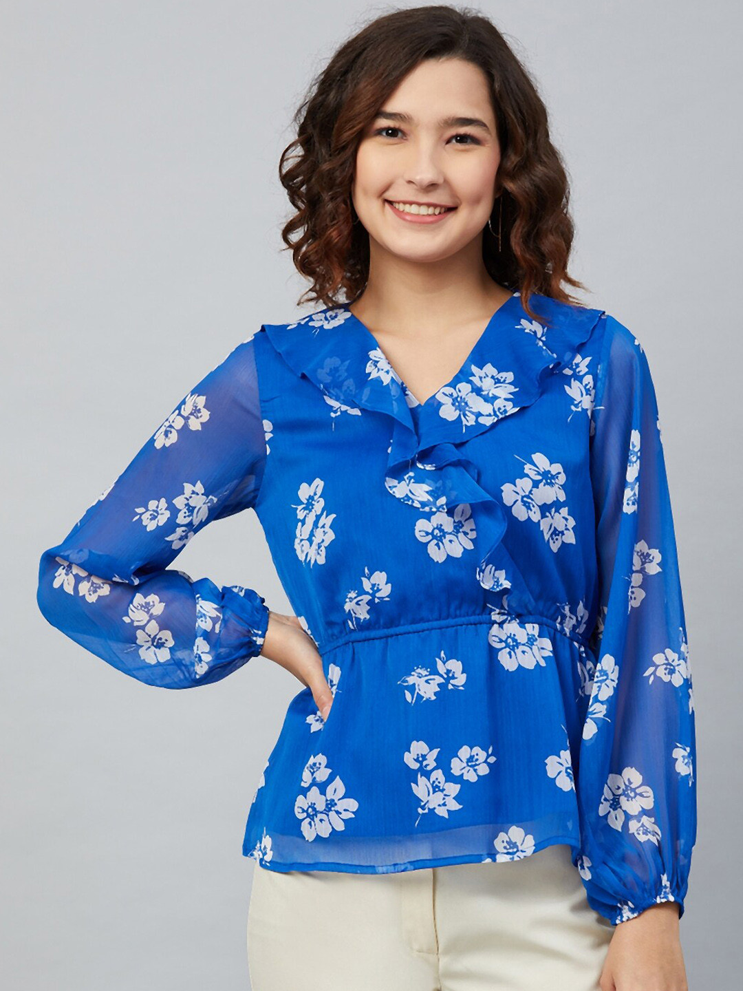 RARE Blue Floral Print Ruffles Chiffon Wrap Top