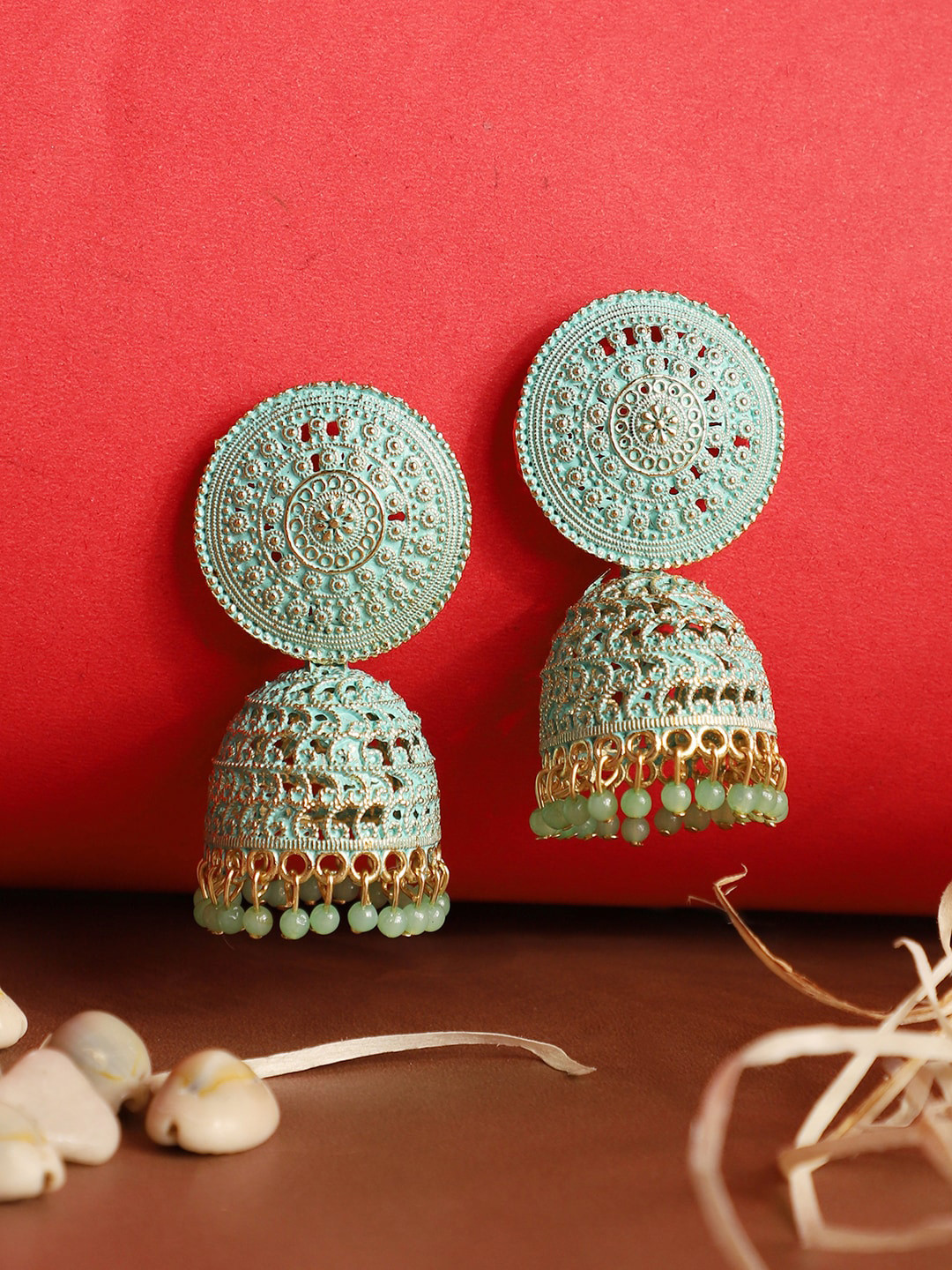 ANIKAS CREATION Sea Green Dome Shaped Jhumkas