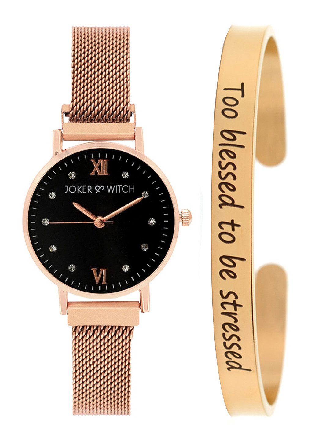 JOKER & WITCH Women Black & Rose Gold-Toned Violet Carson Watch & Bracelet Gift Set JWBS375