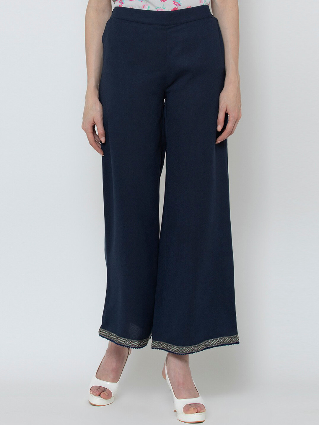 DODO & MOA Women Navy Blue Wide Leg Solid Trousers