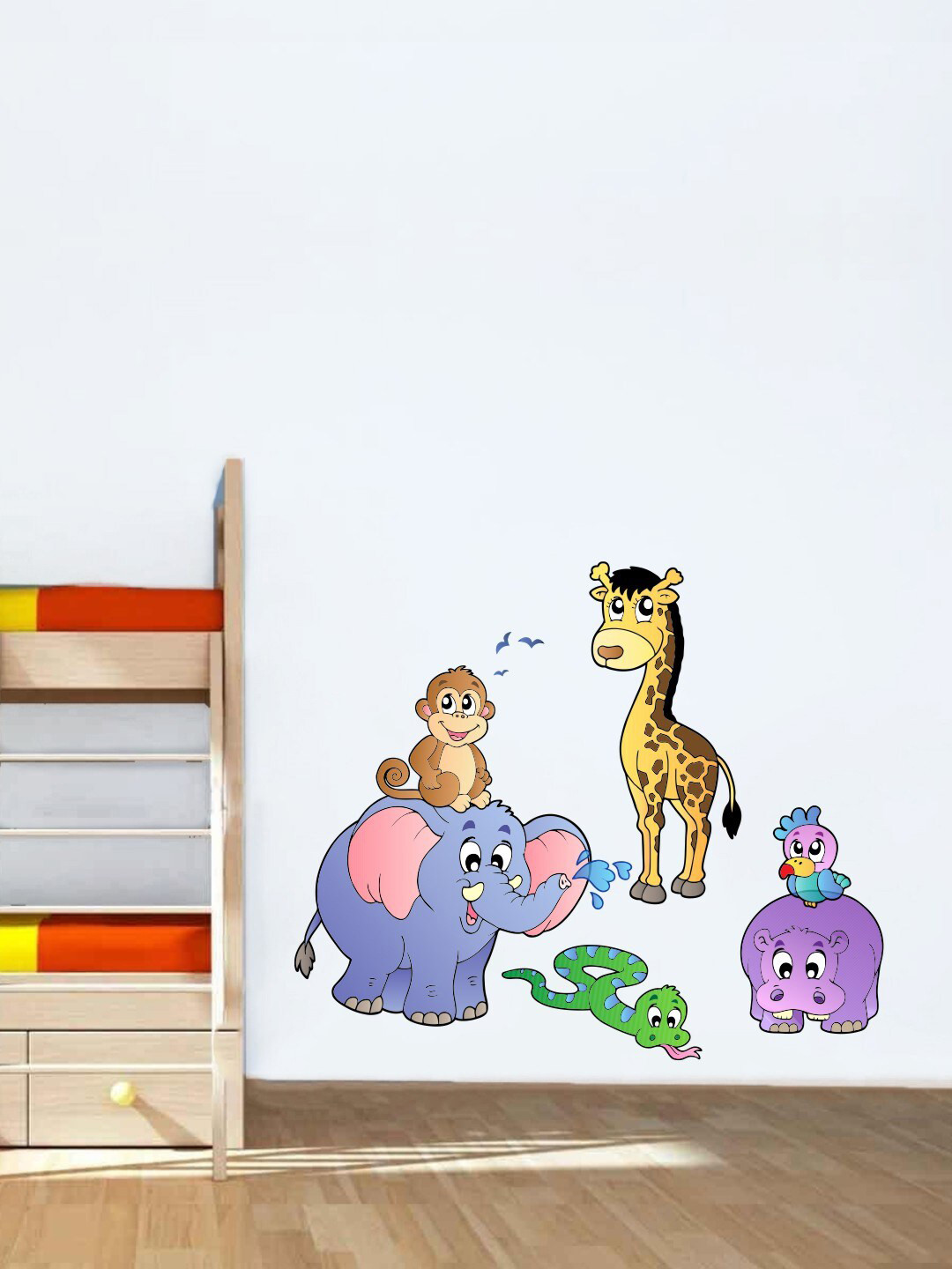 rawpockets Blue & Yellow Cartoon Animals Jungle Story Wall Stickers