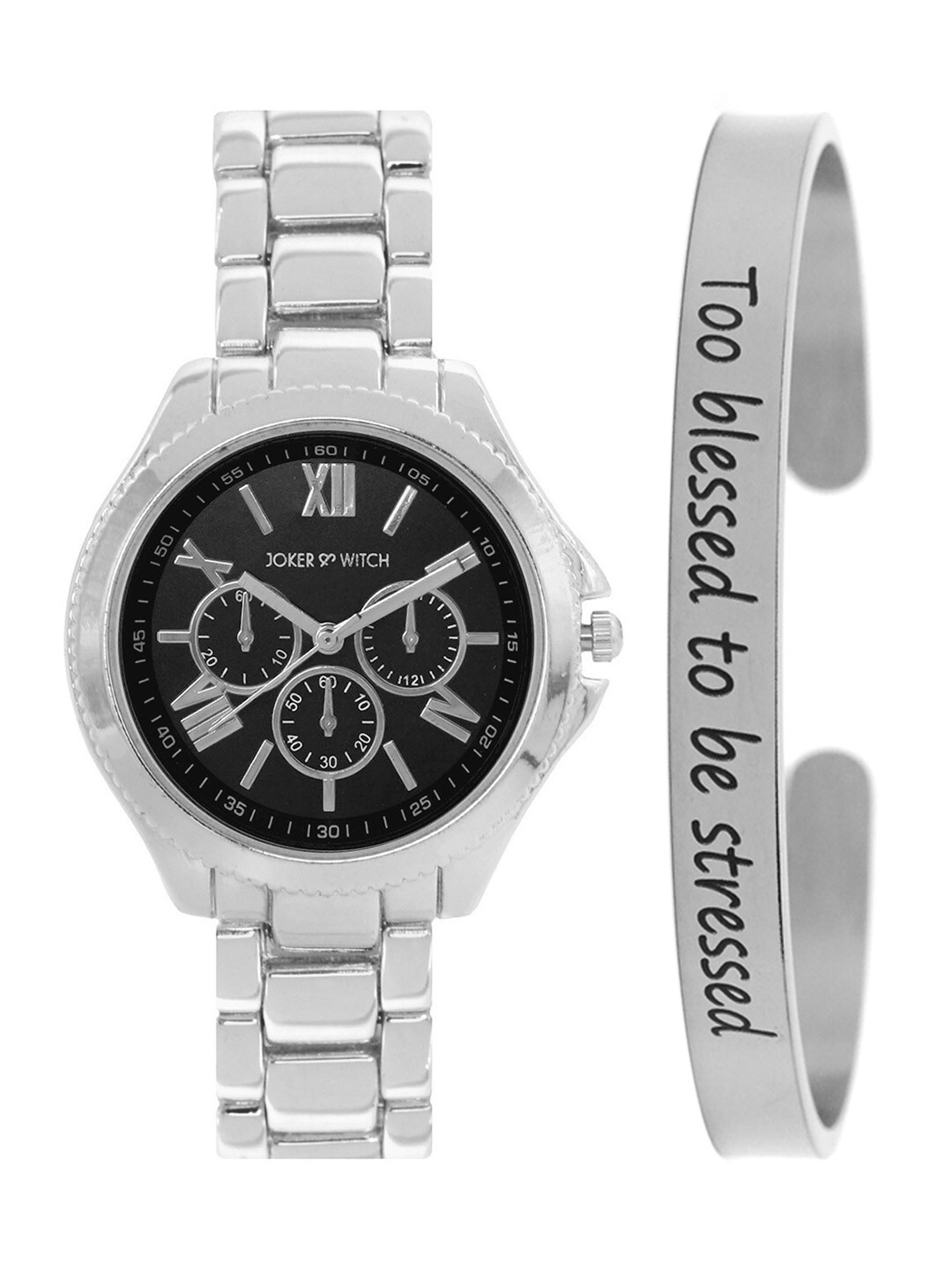 JOKER & WITCH Women Silver-Toned & Black Watch & Bracelet Gift Set JWBS367