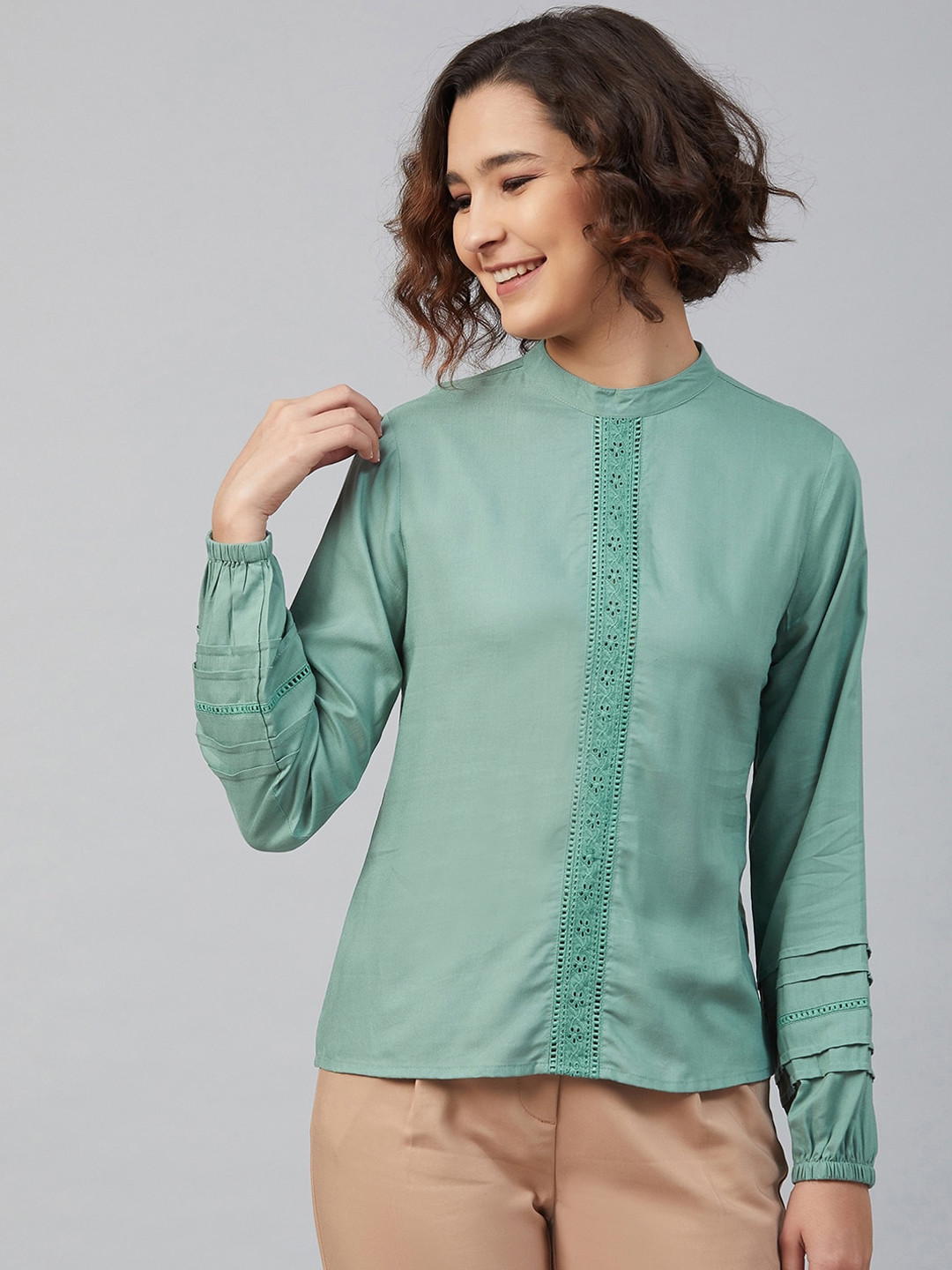 Marie Claire Women Green Mandarin Collar Puff Sleeves Shirt Style Top