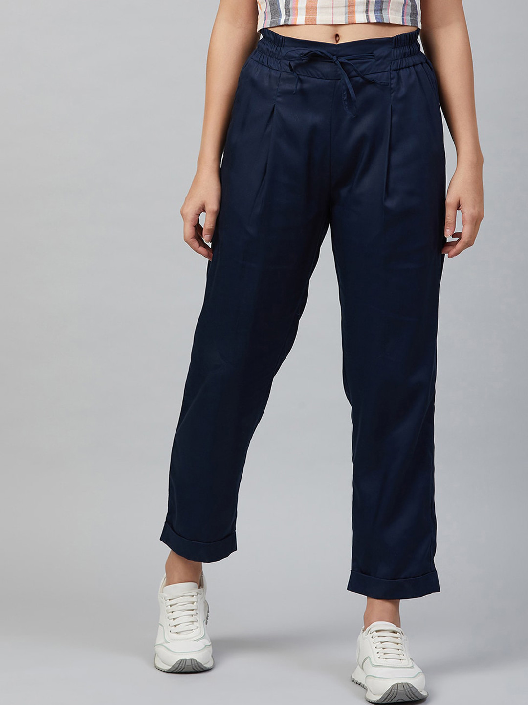 Marie Claire Women Navy Blue Regular Fit Solid Viscose Rayon Trousers