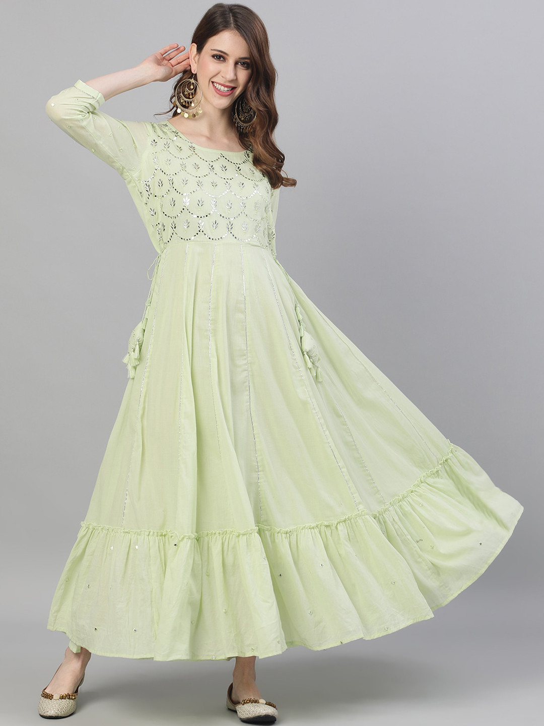 Ishin Pastel Green Embellished Maxi Dress