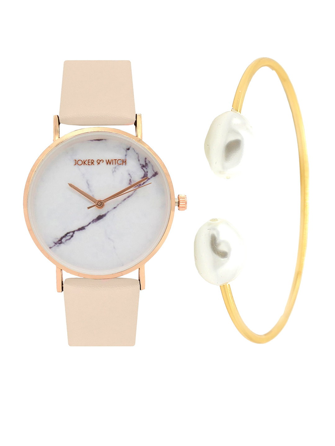 JOKER & WITCH Women Beige & Gold-Toned Rose Drip Watch & Bracelet Gift Set