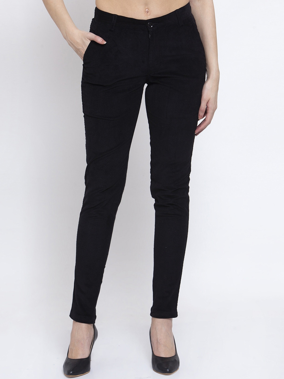 KLOTTHE Women Black Slim Fit Solid Cotrise Fabric Trousers
