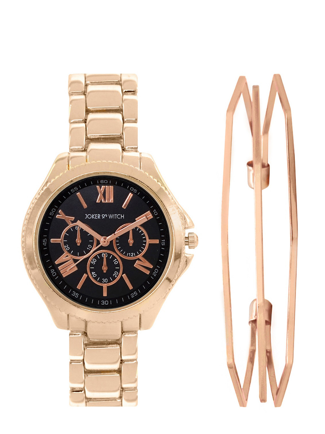 JOKER & WITCH Women Rose Gold-Toned & Black Watch & Bracelet Gift Set JWBS357
