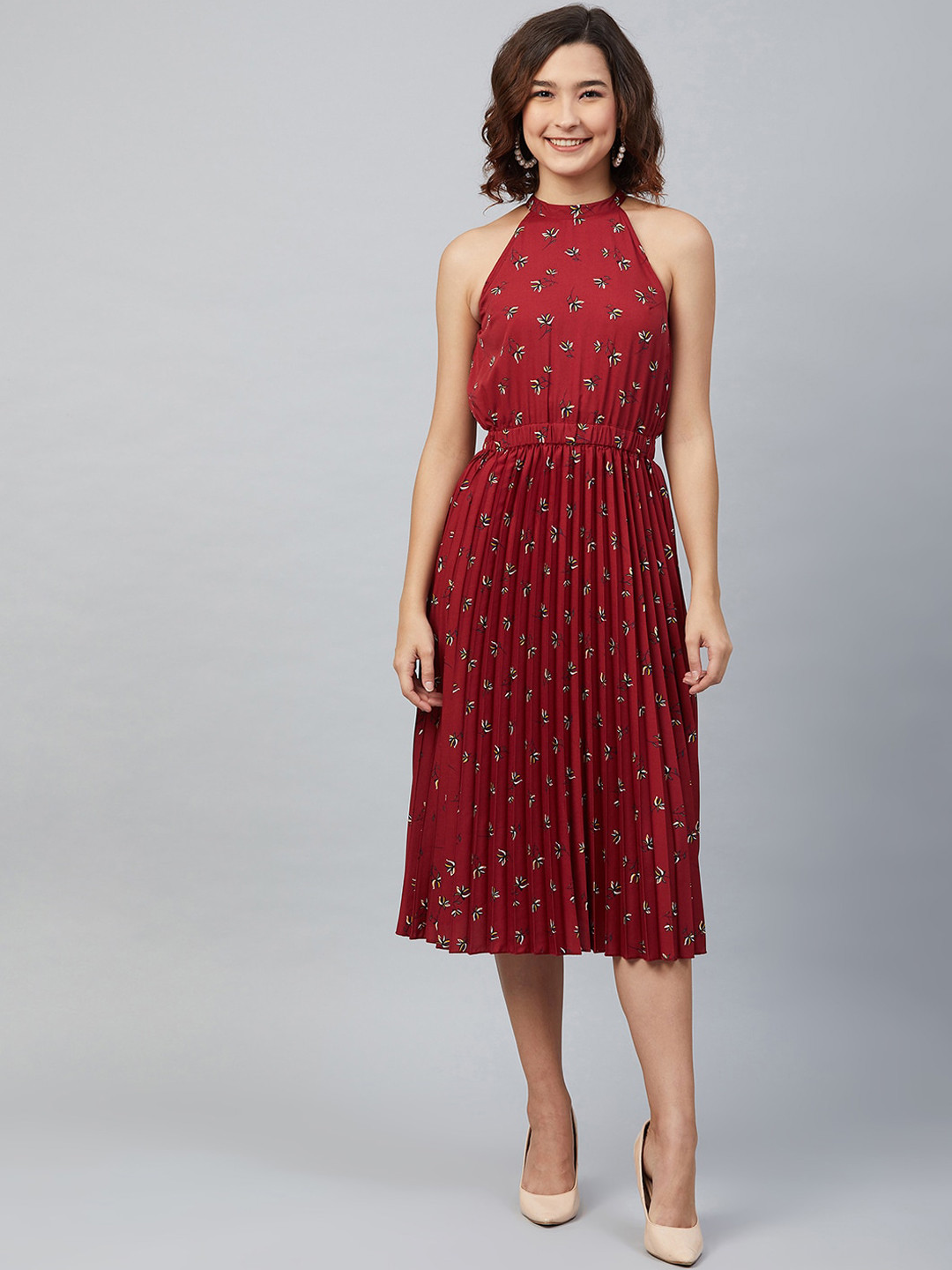 RARE Women Maroon Floral Accordion Pleated Fit & Flare Dress