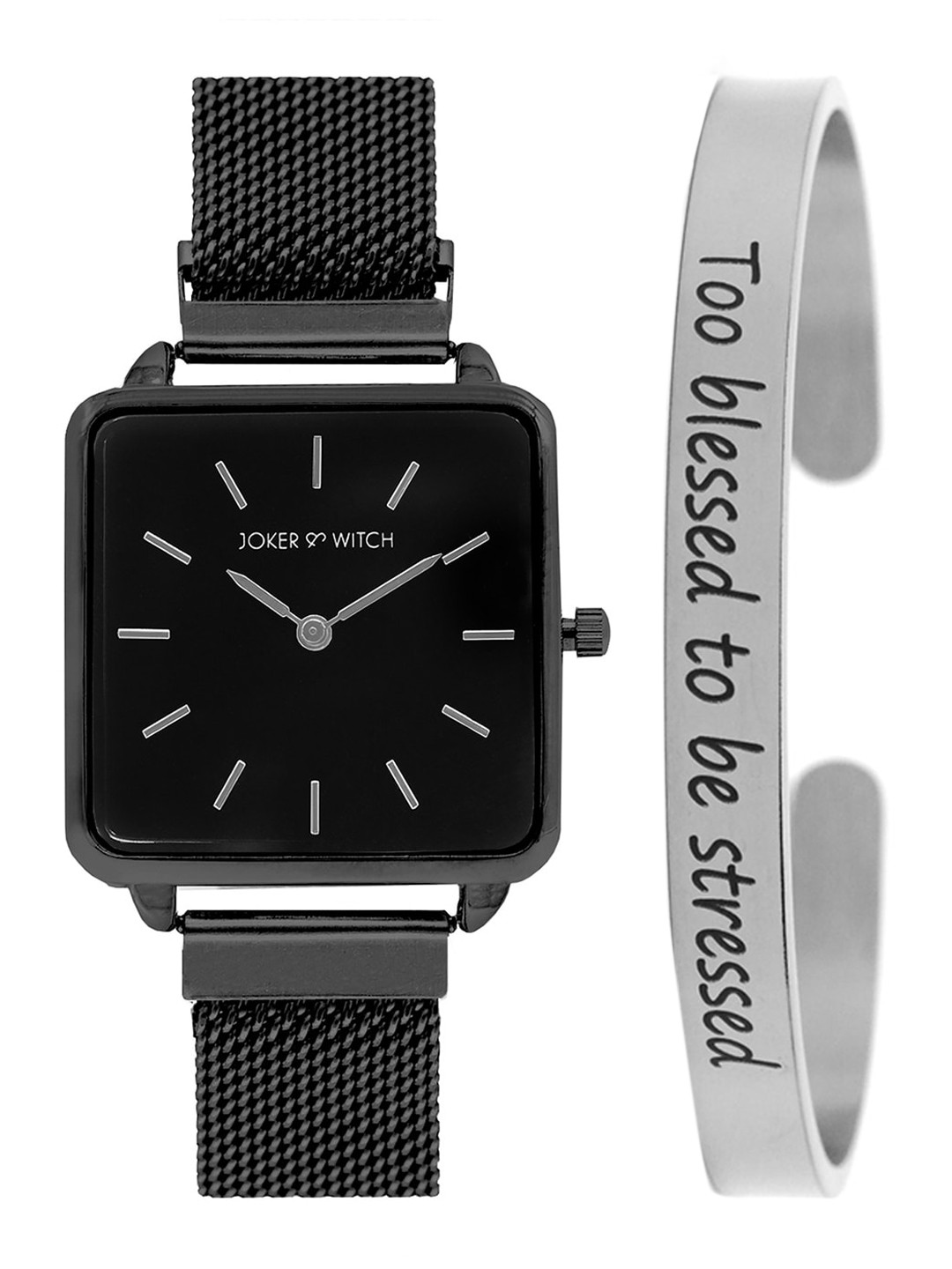 JOKER & WITCH Women Black & Silver-Toned Times Square Watch & Bracelet Gift Set