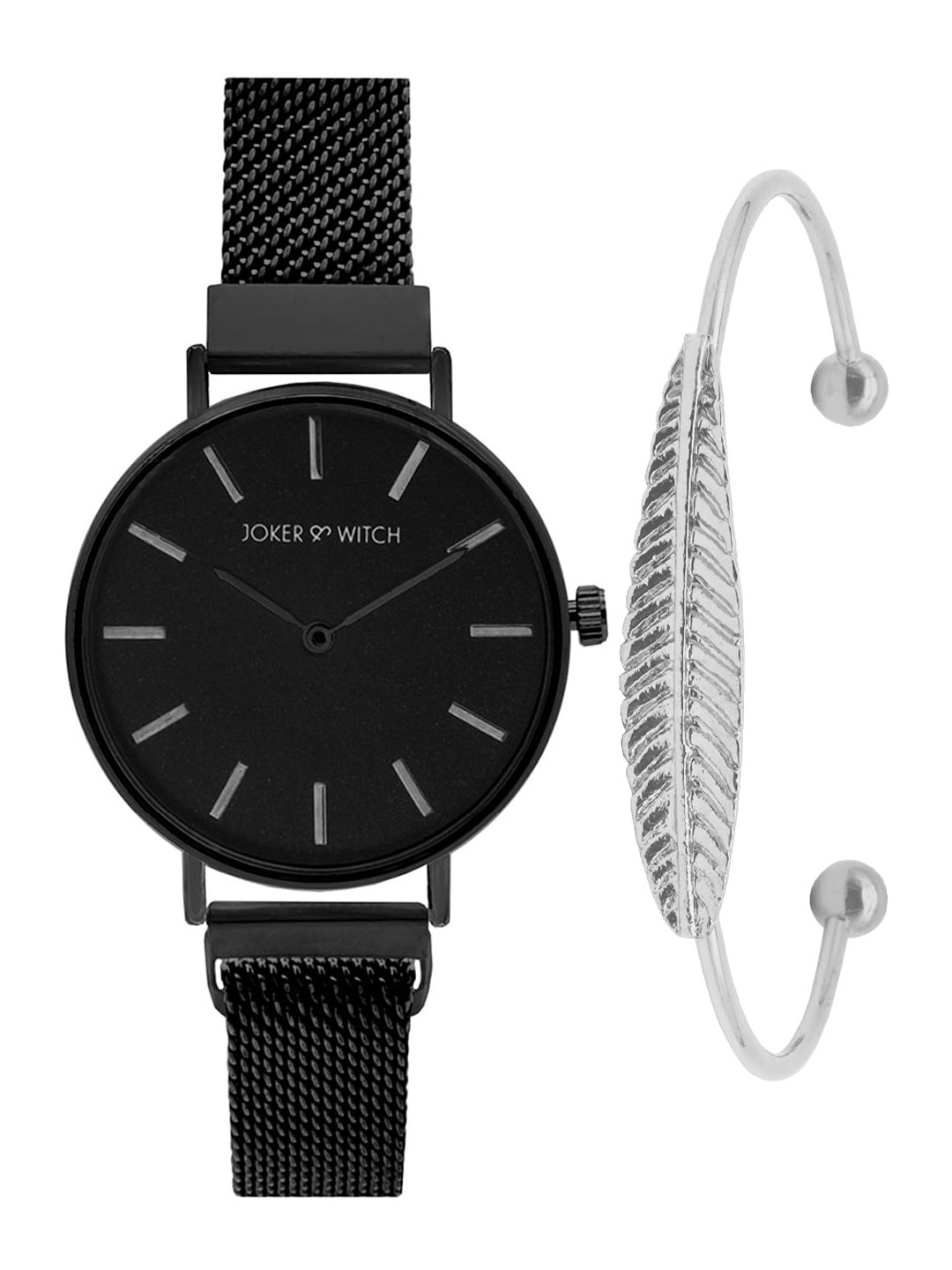 JOKER & WITCH Women Black & Silver-Toned Leafy Asphalt Watch & Bracelet Gift Set