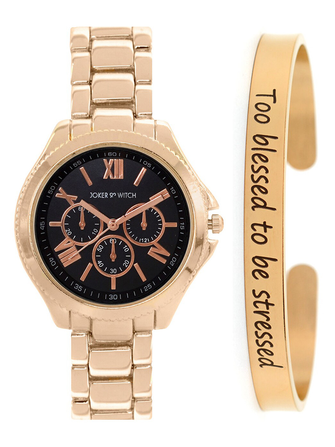 JOKER & WITCH Women Rose Gold-Toned & Black Dusk Watch & Bracelet Gift Set-JWBS376
