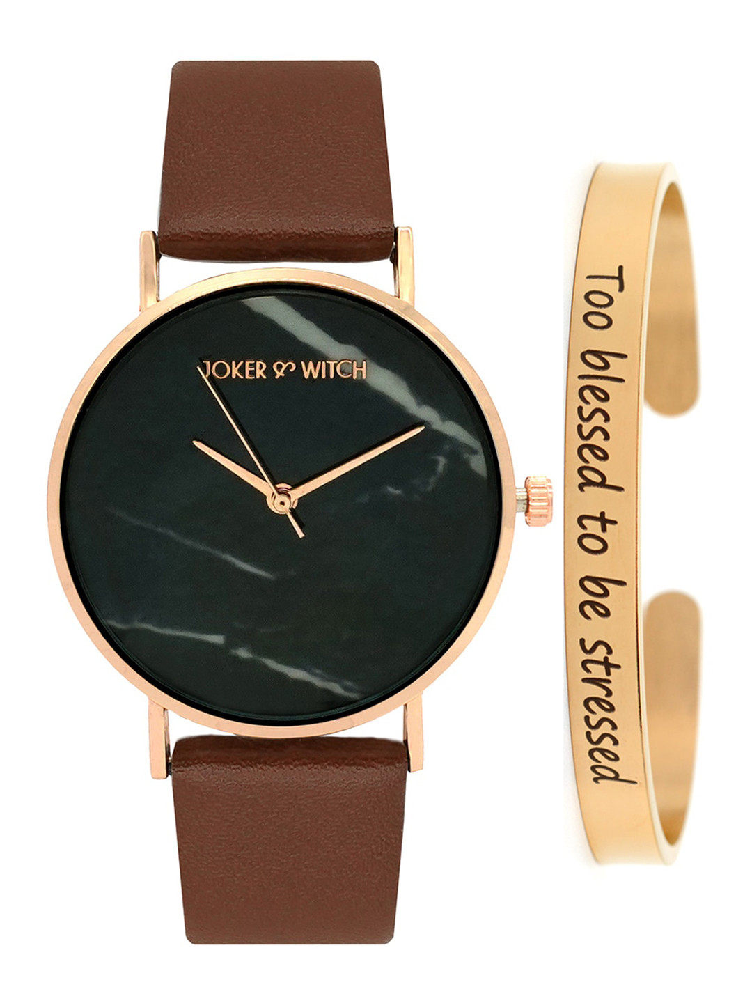 JOKER & WITCH Women Black & Brown Watch & Bracelet Gift Set JWBS374