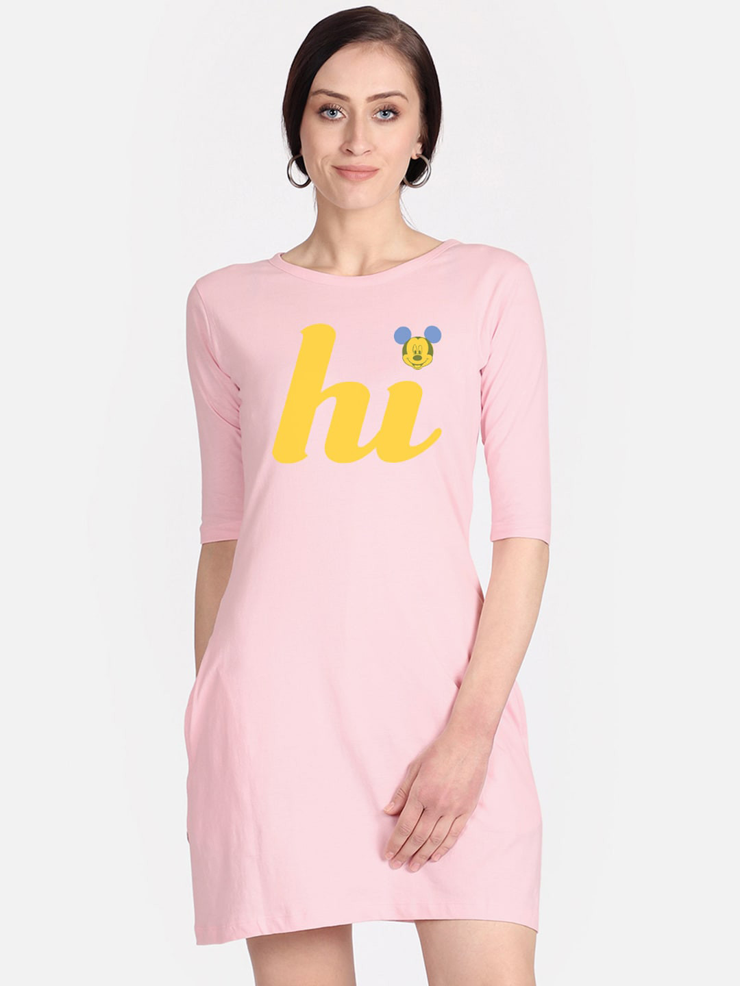 Free Authority Mickey & Friends Women Pink Graphic Cotton T-shirt Dress