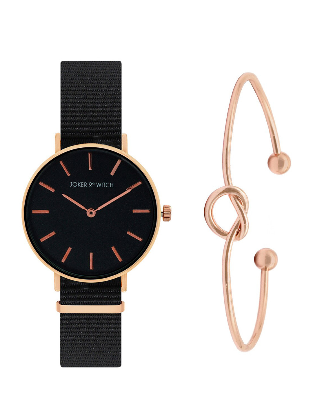 JOKER & WITCH Women Black & Rose Gold-Toned The Dark Knot Watch & Bracelet Gift Set-JWBS344