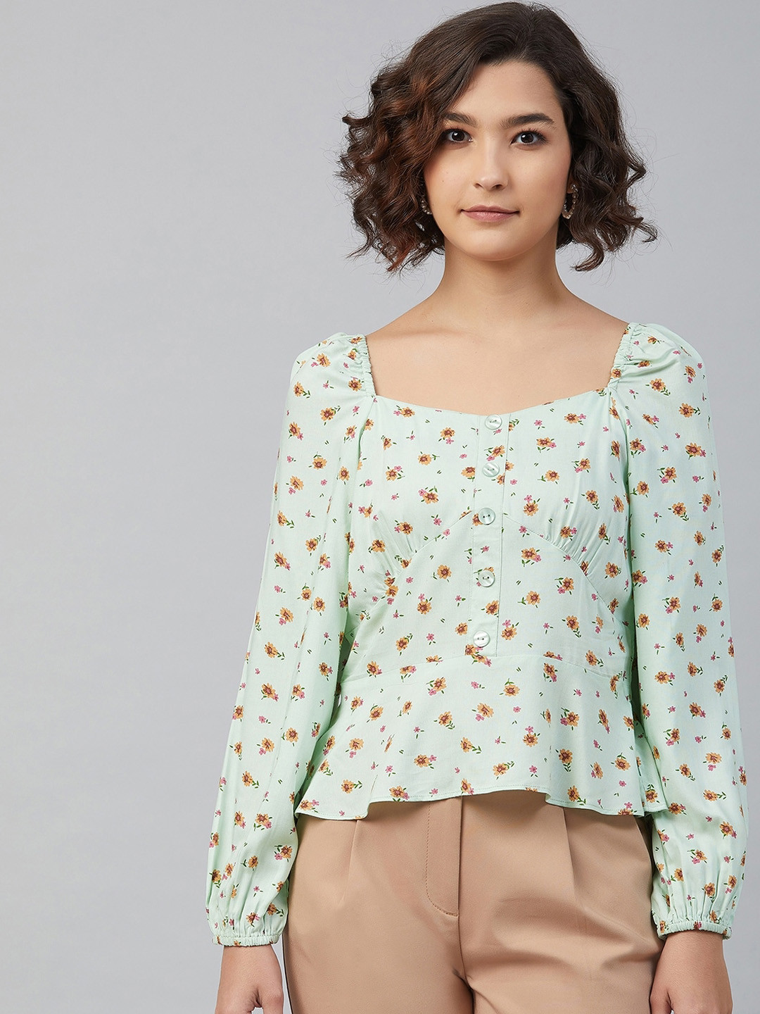 Marie claire green floral printed puff sleeves regular top
