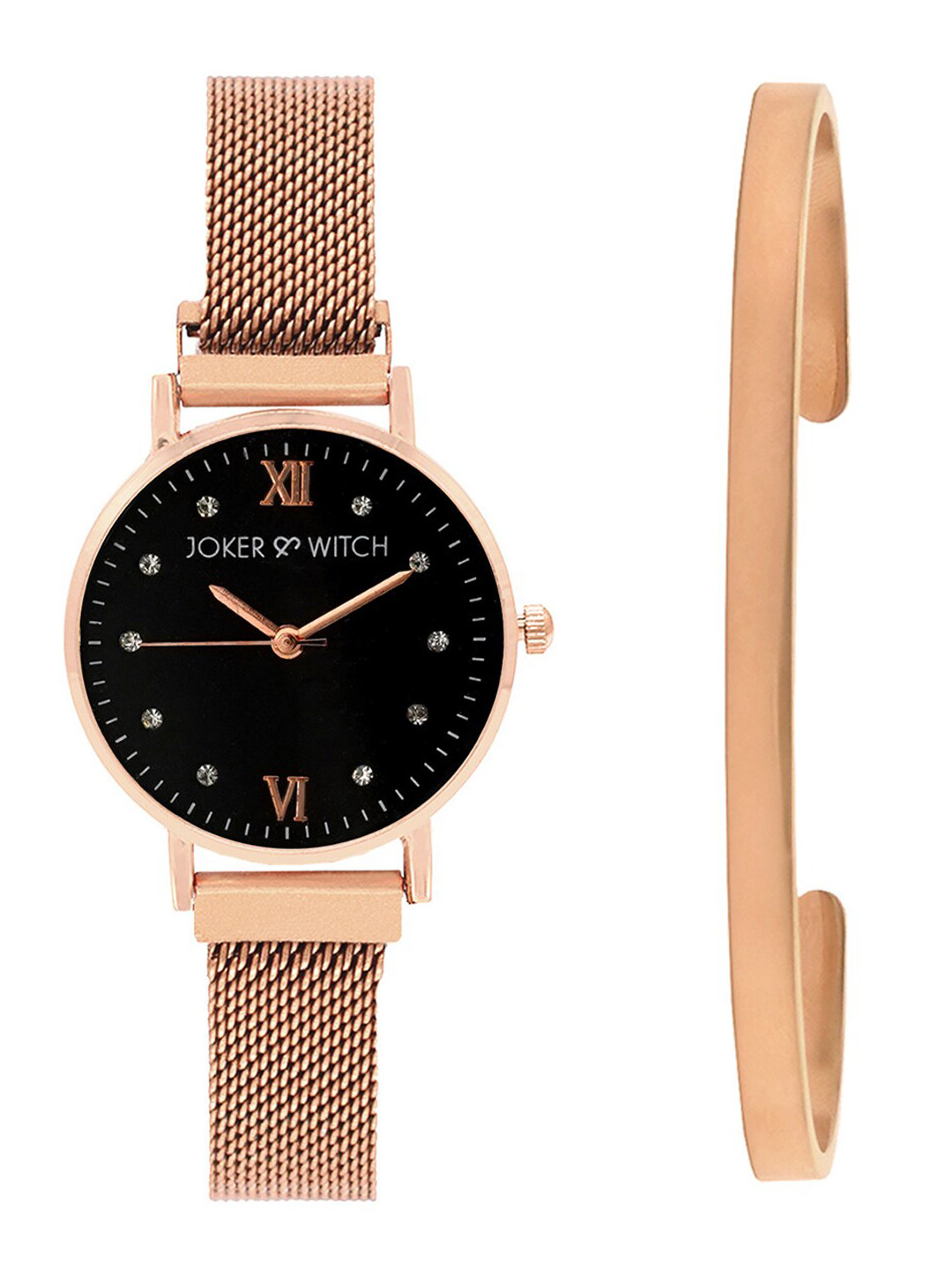 JOKER & WITCH Women Rose Gold-Toned & Black Passion Fruit Watch & Bracelet Gift Set-JWBS385
