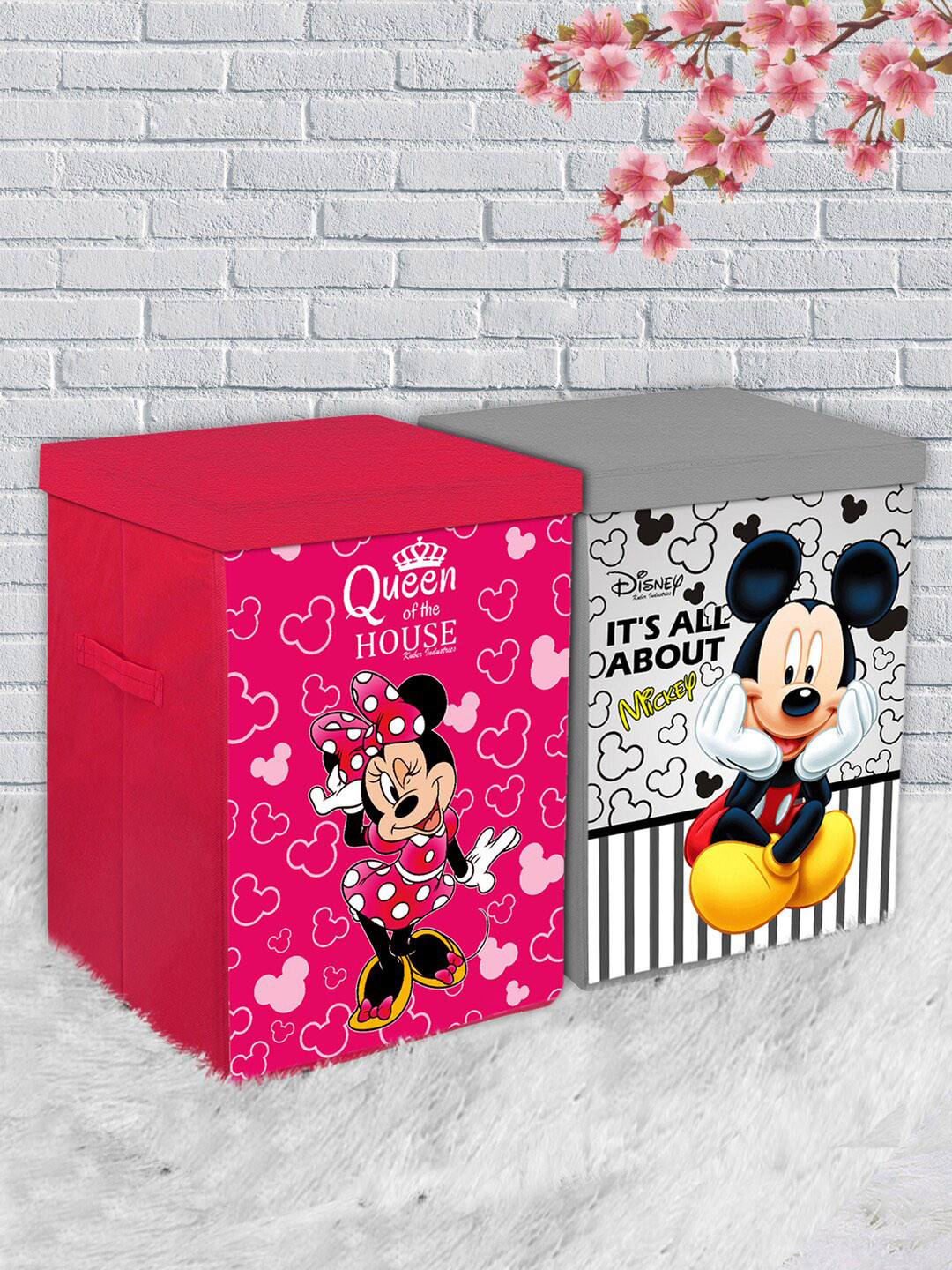 Kuber Industries Set Of 2 Grey & Pink Disney Print Foldable Basket With Handles & Lid