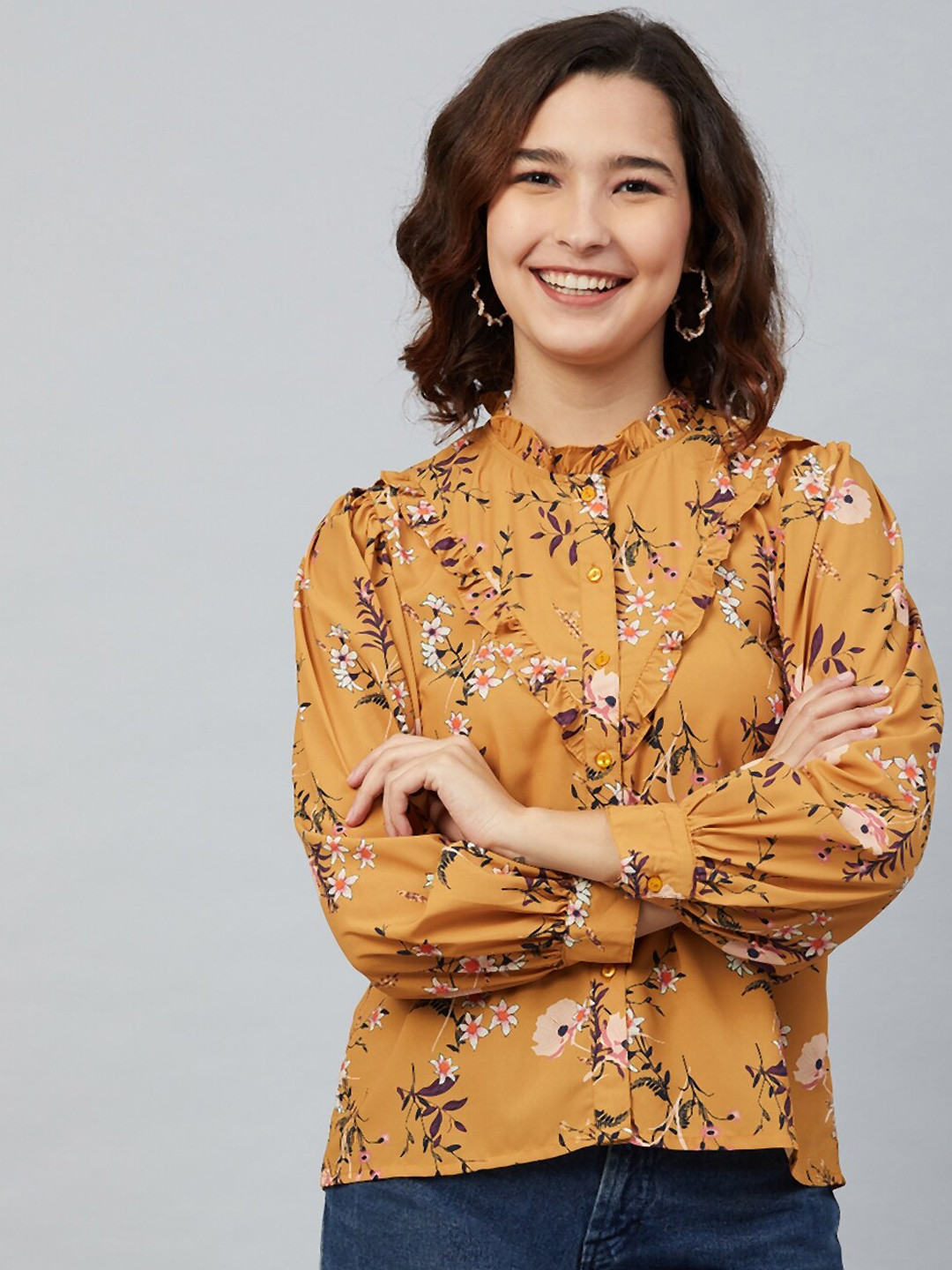 Marie Claire Women Mustard Yellow Floral Printed Crepe Shirt Style Top