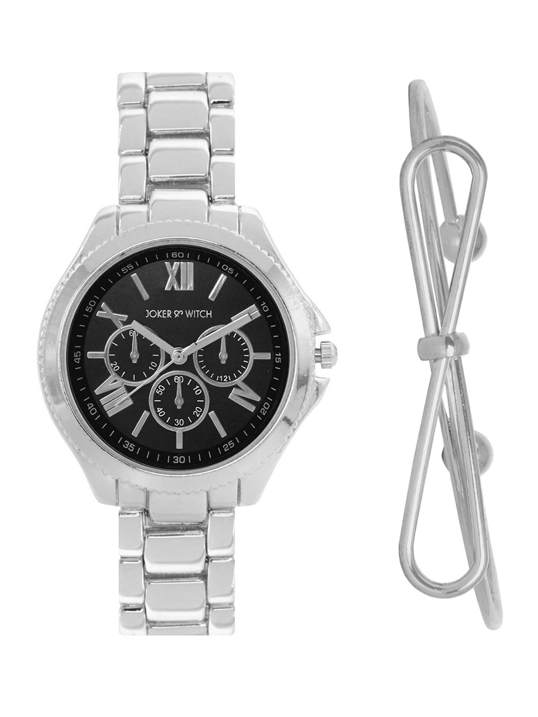 JOKER & WITCH Women Black & Silver-Toned Casino Royale Watch & Bracelet Gift Set-JWBS350