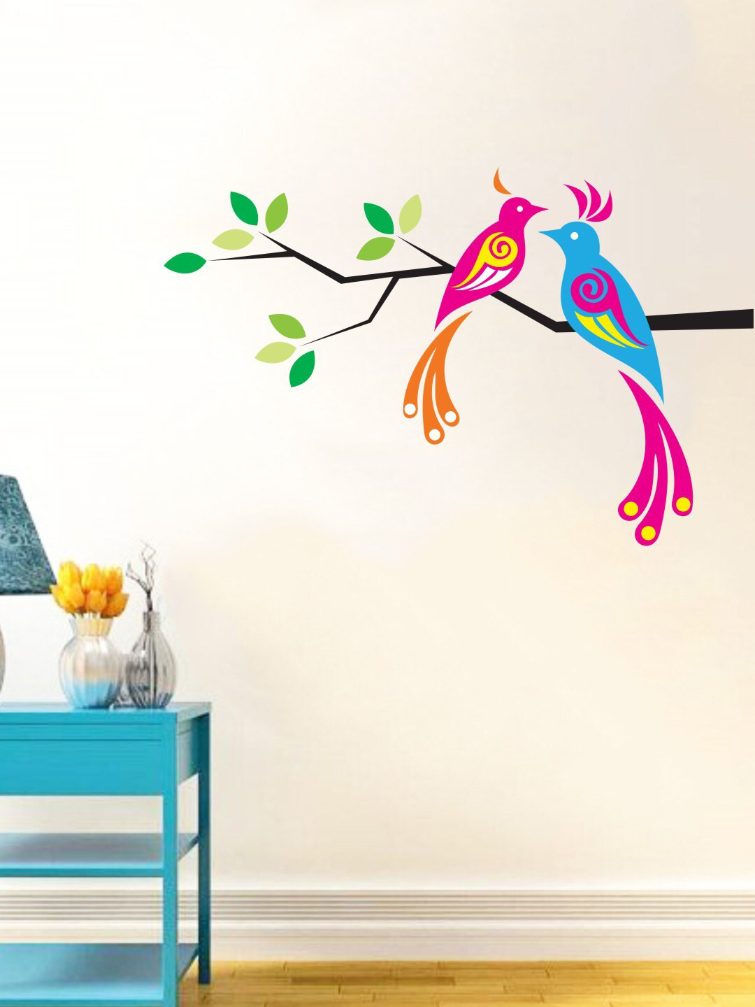 rawpockets Blue & Pink Love Birds On Tree PVC Vinyl Wall Sticker