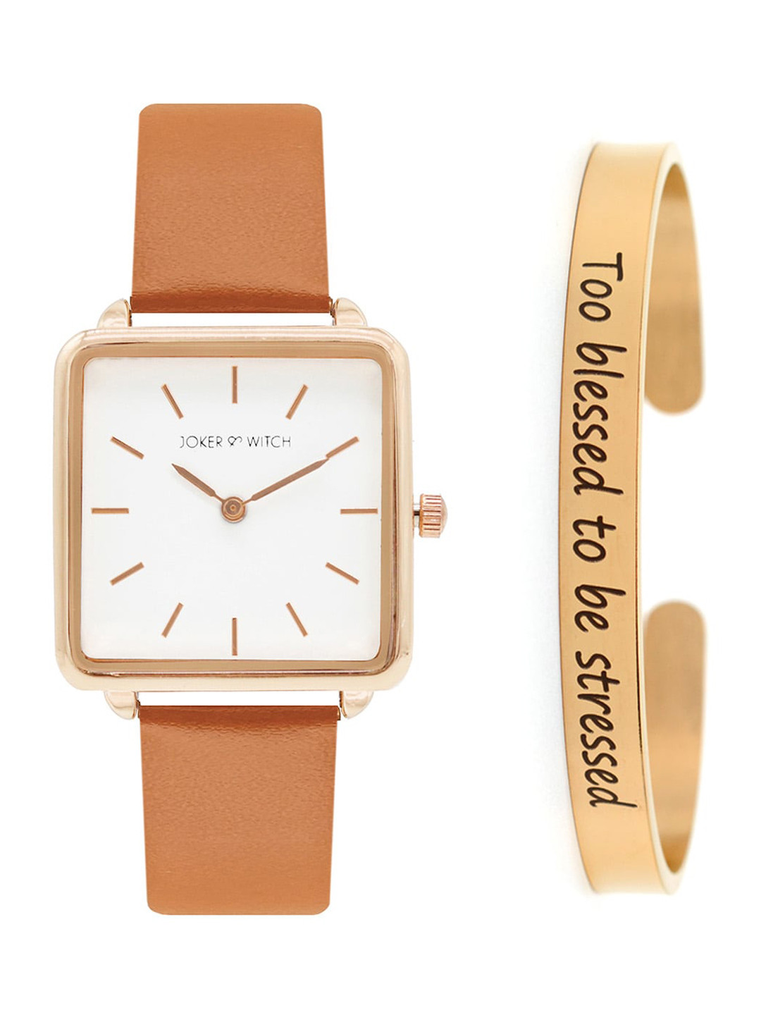 JOKER & WITCH Women Tan-Brown & White Knot Watch & Bracelet Gift Set JWBS334