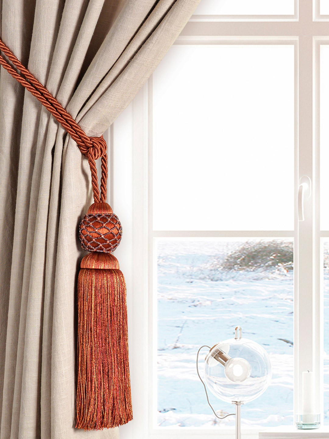 Deco Window Brown Single Geo Bead Tassel Curtain Tieback